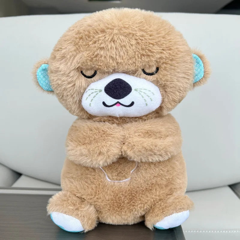 Boneco de urso de pelúcia para crianças, lontra calmante, companheiro de música para dormir, som e luz, presente, bebê, novo