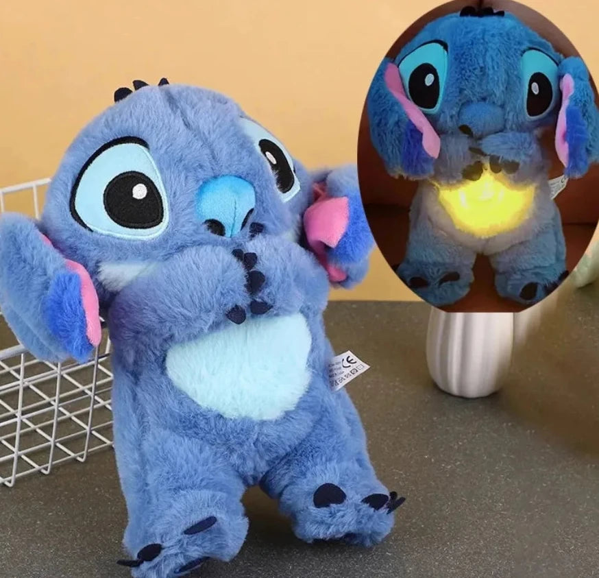 Boneco de Pelúcia Kawaii Stitch para Bebê, Acompanhante para Dormir, Musical Som Calmante com Air Bag e Luz, Brinquedos Respiratórios Presentes